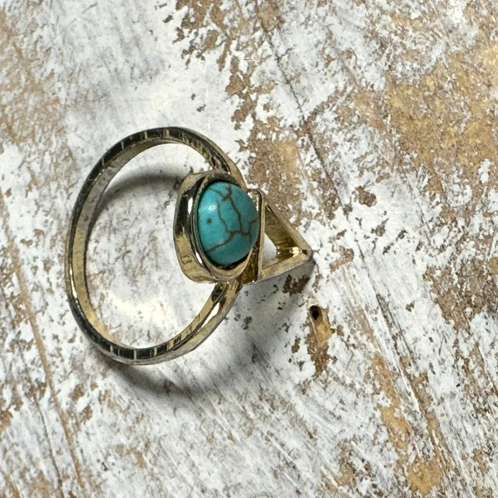 Gold Tone Geometric Faux Turquoise Triangle Ring Size 7.5 Boho Southwestern